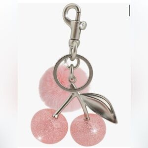 Pink sparkle cherries with pink poof ball purse charm bag charm
